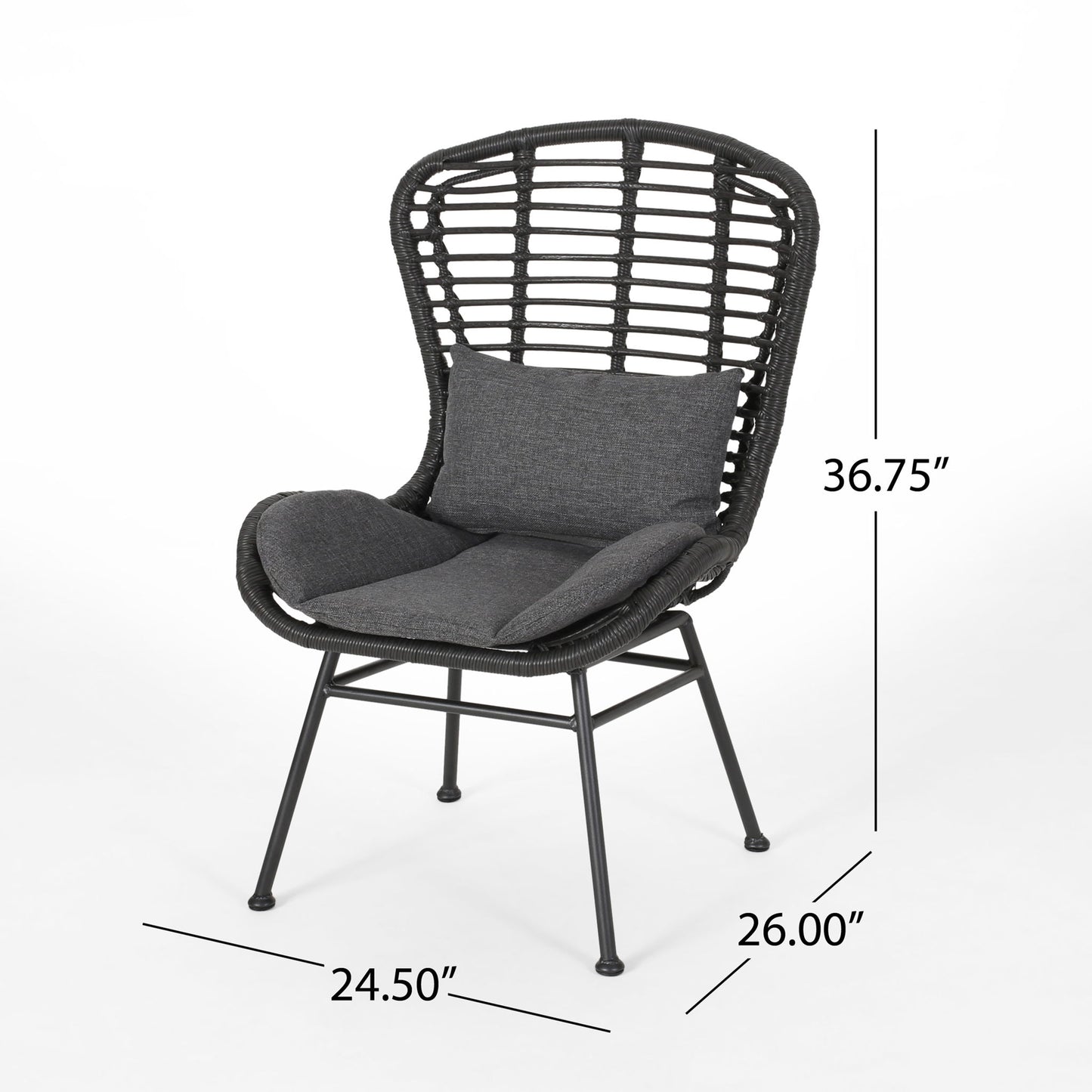 The Calypso Outdoor Chair features water-resistant gray cushions, a tall rounded dark wicker back, and black iron legs. Dimensions: 36.75"H x 24.5"W x 26"D, shown with labeled measurement lines.