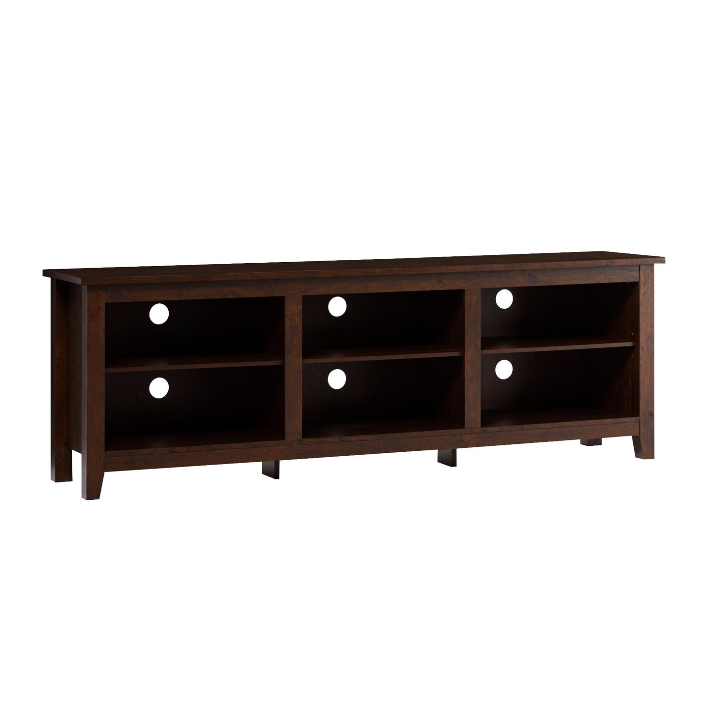 The Couch.com Modern Transitional 3 Shelf Open Storage 70" TV Stand features wood construction, a dark brown finish, three open shelves with cable management holes, and a durable rectangular design with short legs. Fits TVs up to 80".