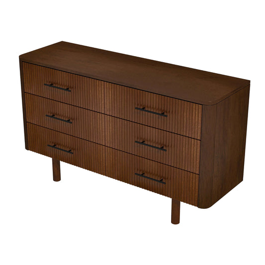 The Logan Mid-Century Modern Dresser features a brown finish, six drawers with horizontal grooves and black handles, rounded front corners, and stands on four cylindrical legs.