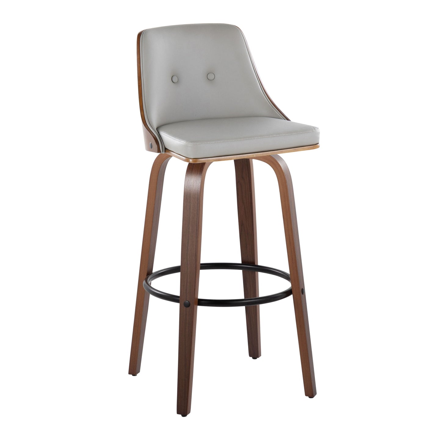 The Gianna Mid-Century Modern Barstool features a light gray cushioned seat and back, walnut-finished curved legs, and a black round footrest. Set of 2. Fixed height and swivel design.