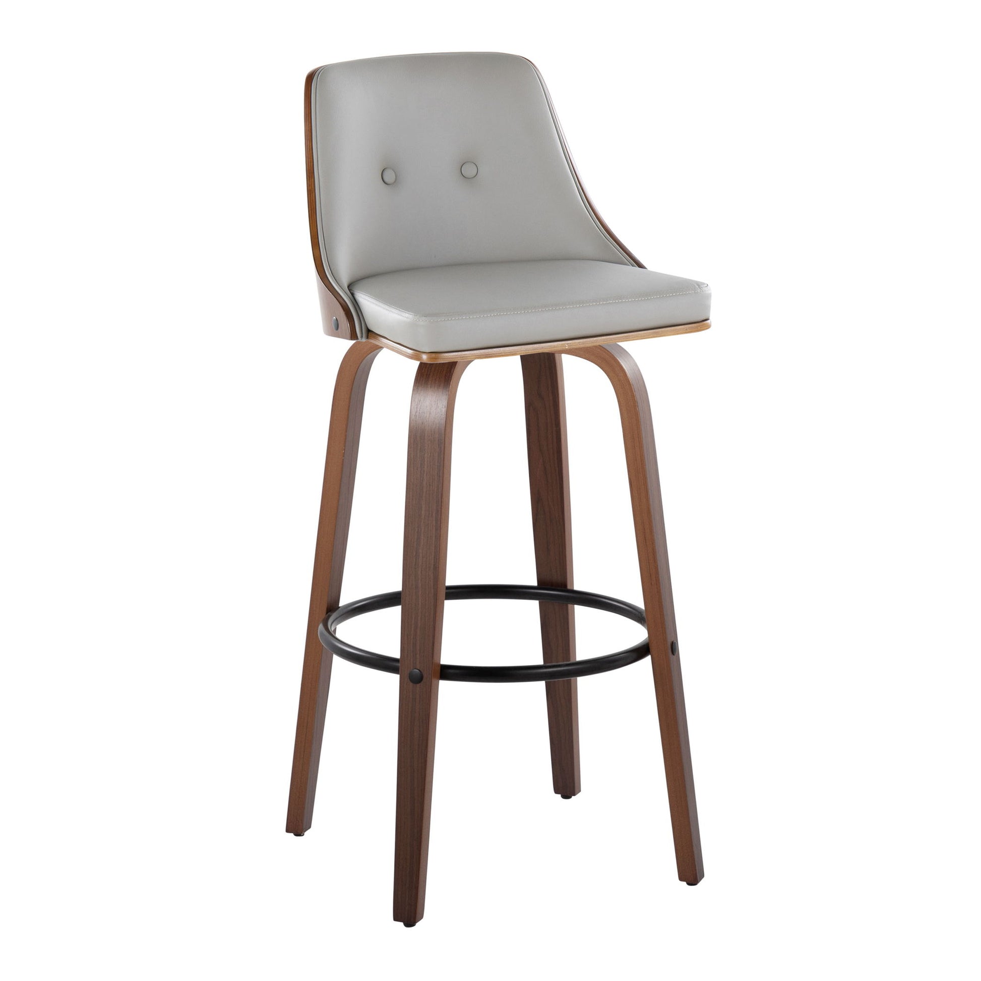 The Gianna Mid-Century Modern Barstool features a light gray cushioned seat and back, walnut-finished curved legs, and a black round footrest. Set of 2. Fixed height and swivel design.