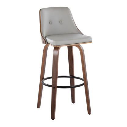 The Gianna Mid-Century Modern Barstool features a light gray cushioned seat and back, walnut-finished curved legs, and a black round footrest. Set of 2. Fixed height and swivel design.