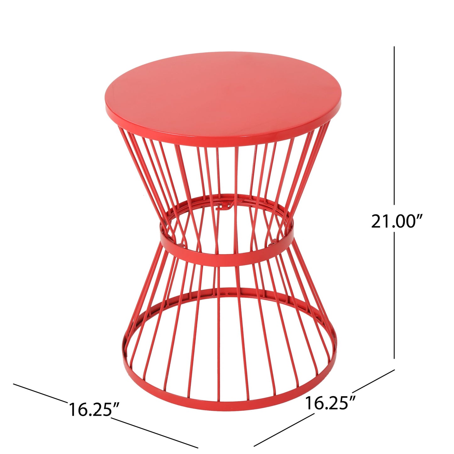 The Lassen Modern Outdoor Side Table features a red, round metal top with an open hourglass wireframe base and measures 21" tall by 16.25" wide.