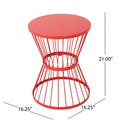 The Lassen Modern Outdoor Side Table features a red, round metal top with an open hourglass wireframe base and measures 21" tall by 16.25" wide.