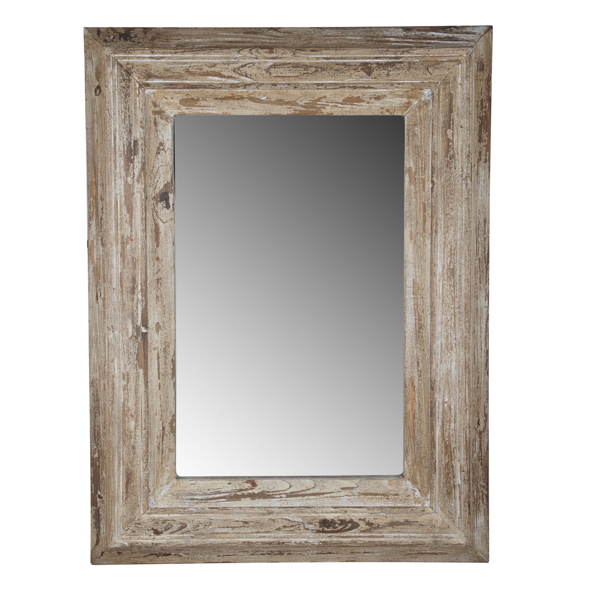 The Rectangle Wall Accent Mirror features a wide, rustic distressed wood frame in brown with natural grain patterns and varying shades of brown and beige.