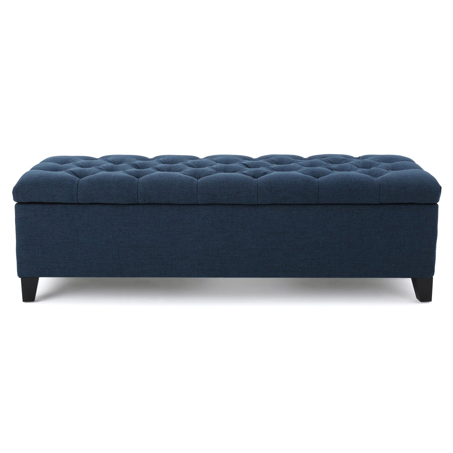 The Glouster Contemporary Storage Ottoman features a rectangular, dark blue upholstered body, button tufted top, and short black legs, displayed against a white background.