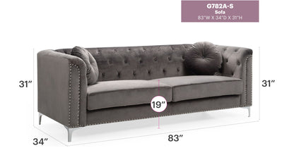 The Elegant Contemporary Sofa features gray velvet upholstery, silver nailhead trim, two round pillows, and silver legs. Dimensions: 83"W x 34"D x 31"H; seat height: 19". Model: G782A-S.