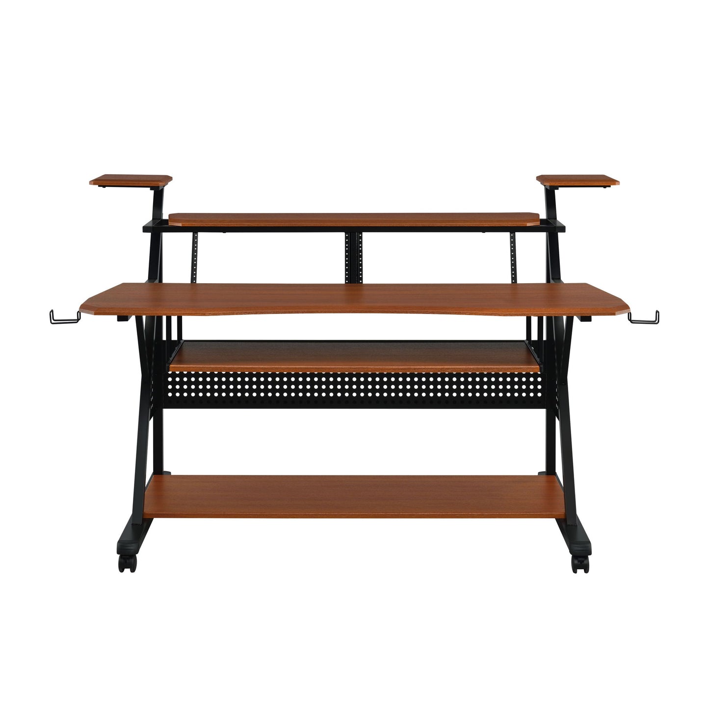 The Willow - Versatile Music Desk is a brown and black multi-tiered desk with shelves and side hooks, ideal for music production or office use, pictured on a white background.