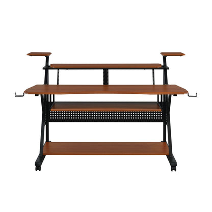 The Willow - Versatile Music Desk is a brown and black multi-tiered desk with shelves and side hooks, ideal for music production or office use, pictured on a white background.