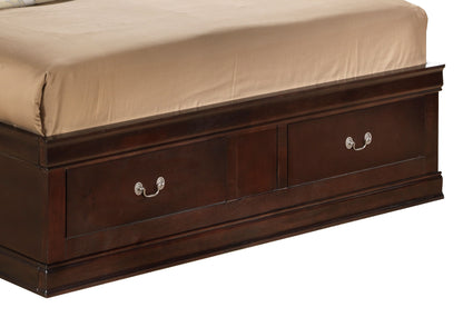 The Louis Phillipe - Bookcase Storage Bed features a dark brown wooden frame with two base storage drawers with silver handles and a mattress adorned with a beige fitted sheet.