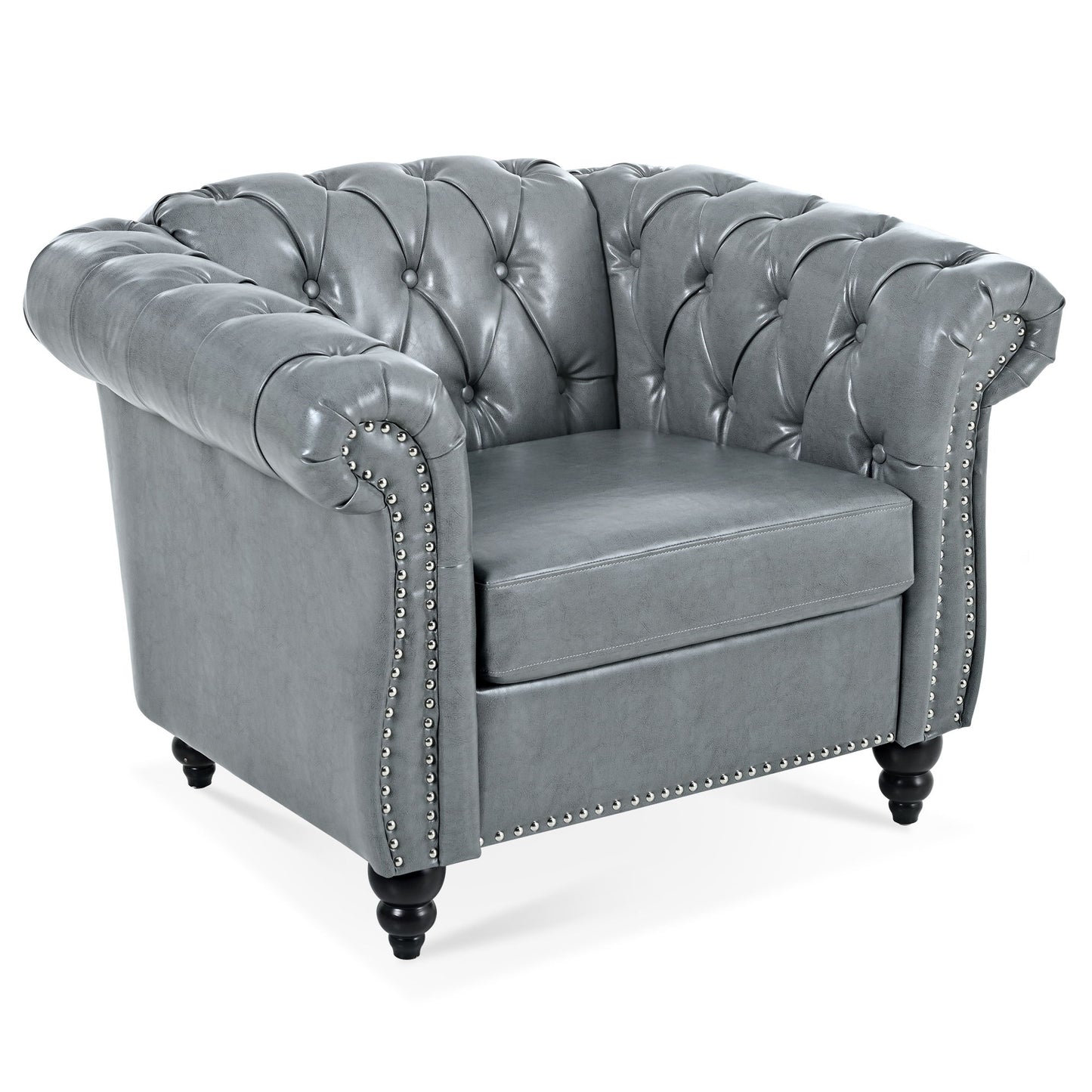 1 Seater Sofa for Living Room featuring gray tufted leather upholstery, rolled arms, nailhead trim, and black turned wooden legs, displayed on a white background.