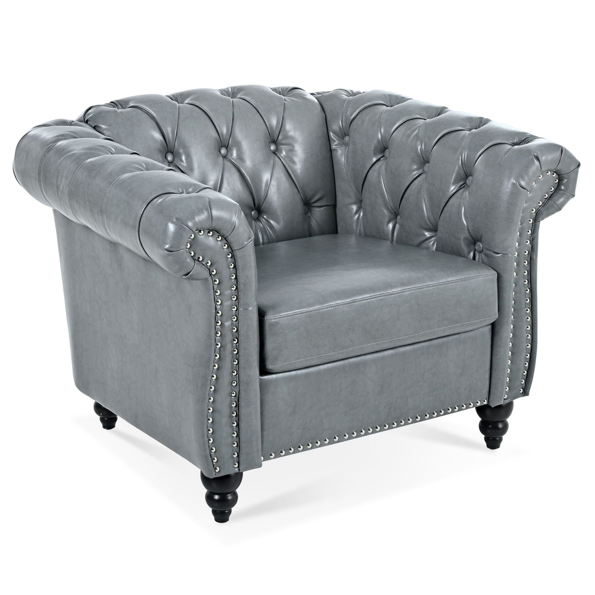 1 Seater Sofa for Living Room featuring gray tufted leather upholstery, rolled arms, nailhead trim, and black turned wooden legs, displayed on a white background.