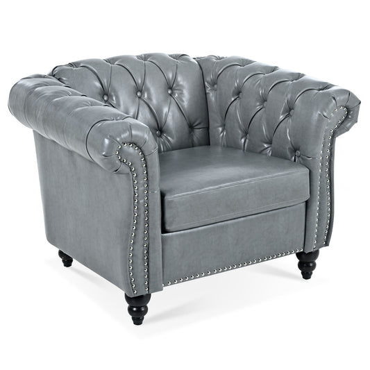 1 Seater Sofa for Living Room featuring gray tufted leather upholstery, rolled arms, nailhead trim, and black turned wooden legs, displayed on a white background.