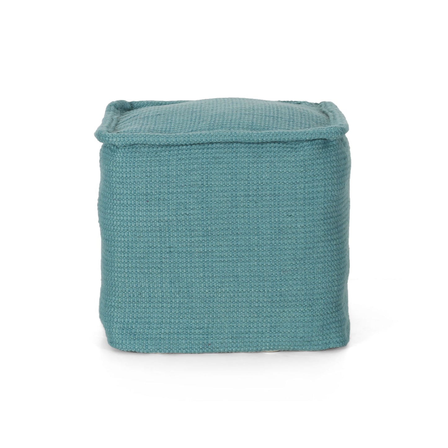 The Hansolo Yarn Square Pouf Ottoman or Floor Cushion in teal features a soft, cushioned look with slightly rounded edges and a woven fabric finish, displayed against a white background.