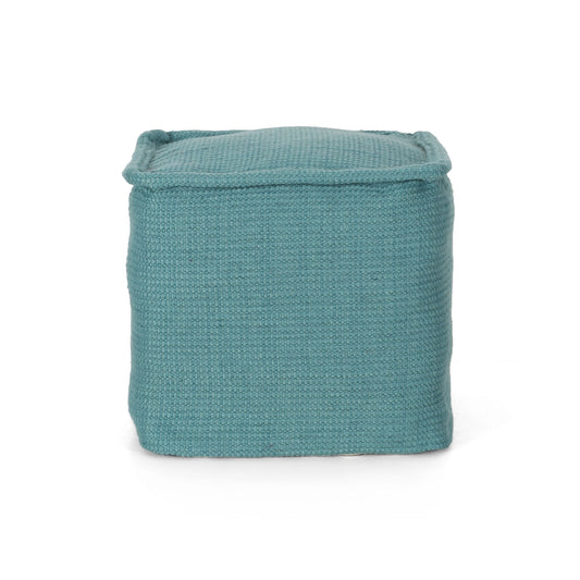 The Hansolo Yarn Square Pouf Ottoman or Floor Cushion in teal features a soft, cushioned look with slightly rounded edges and a woven fabric finish, displayed against a white background.