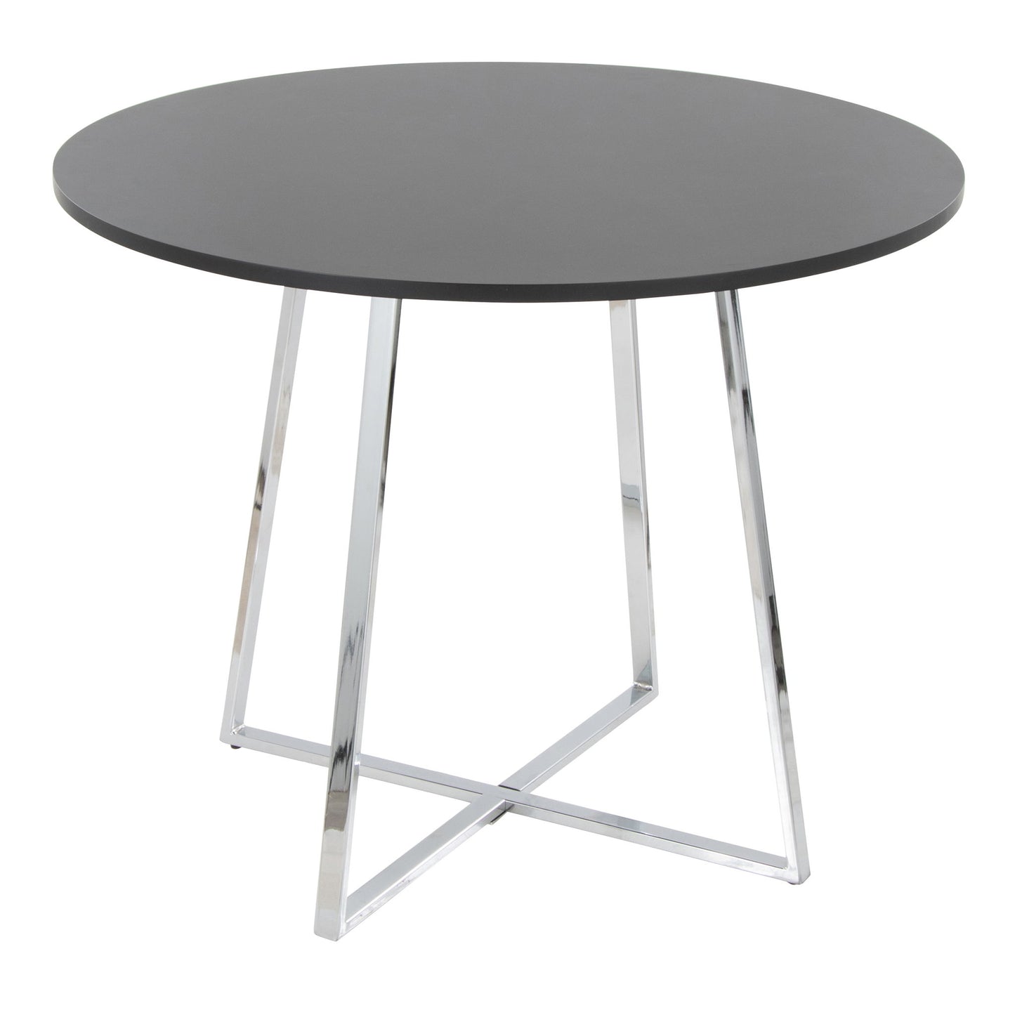The Cosmo - Canary Contemporary Dining Table features a round, dark gray top and shiny silver metal legs in a crisscross design.