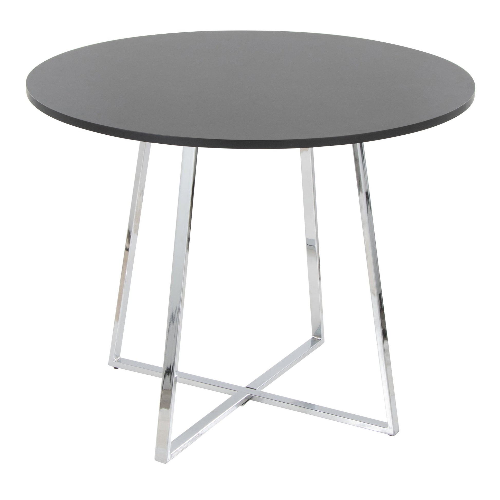 The Cosmo - Canary Contemporary Dining Table features a round, dark gray top and shiny silver metal legs in a crisscross design.