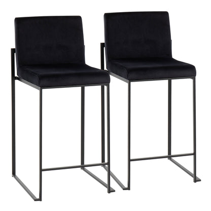 Two Fuji Contemporary Modern Elegance high back counter stools in black, featuring rectangular upholstered seats and backs, minimalist metal frames with straight legs, and horizontal footrests.