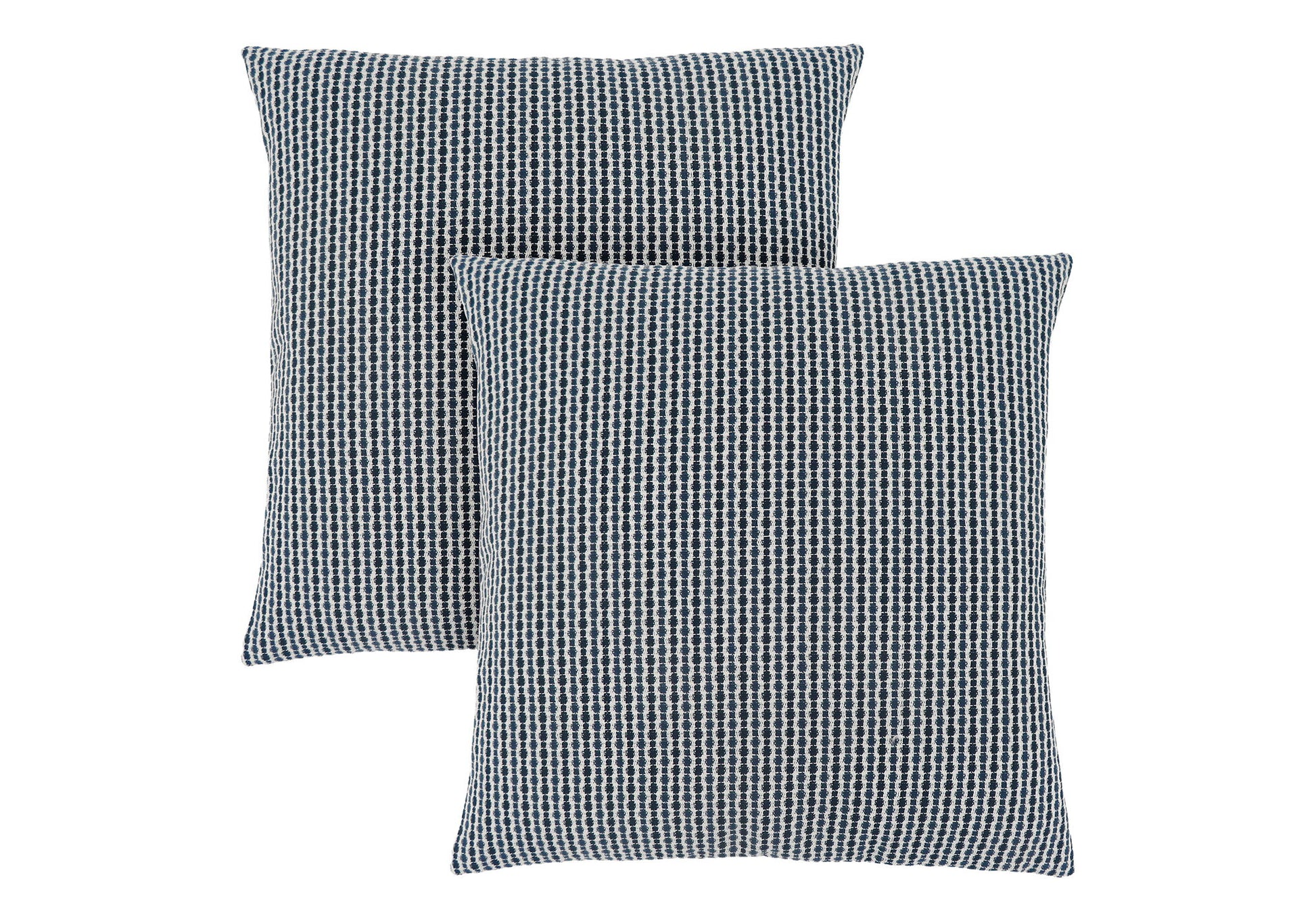Two square decorative throw pillows with inserts, featuring a textured small checkered black and white pattern, shown slightly overlapping on a white background. Hypoallergenic.