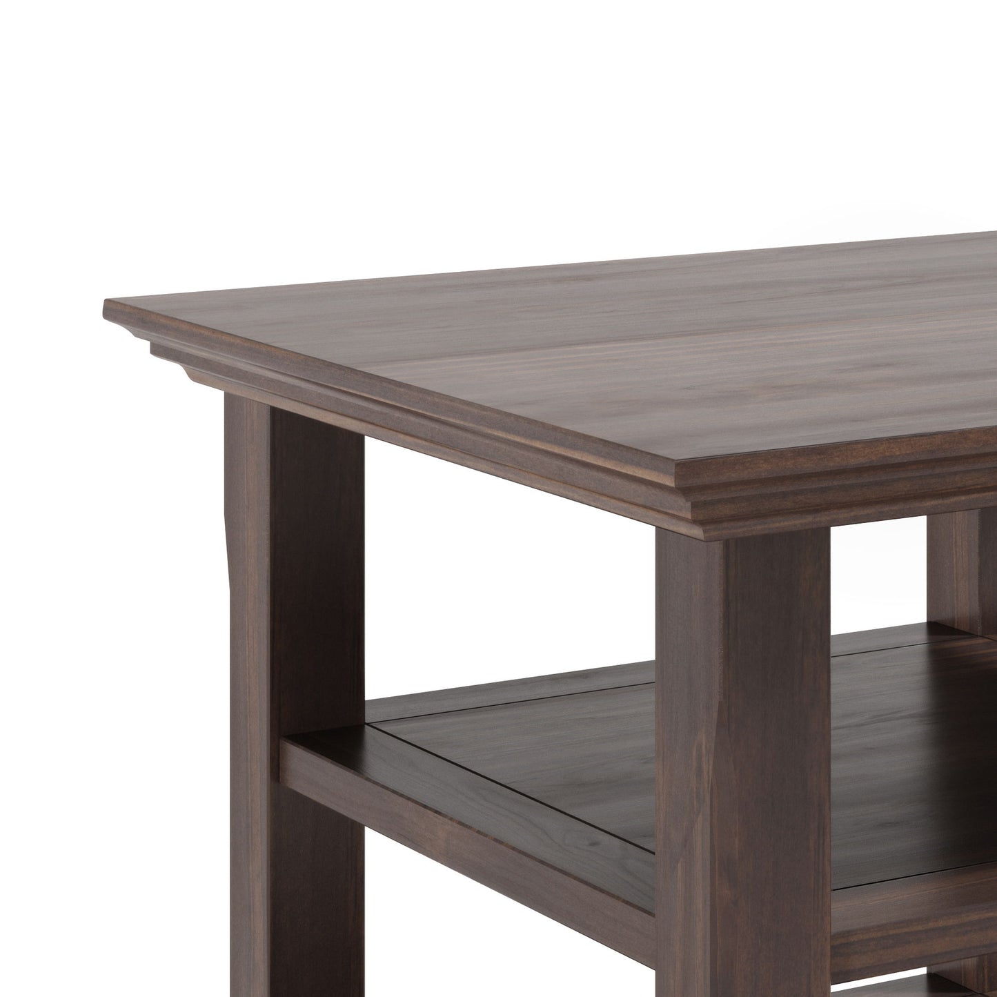 A close-up of the Acadian End Table in Warm Walnut Brown, highlighting its smooth-finished tabletop, lower shelf, and sturdy square legs with a simple modern design.