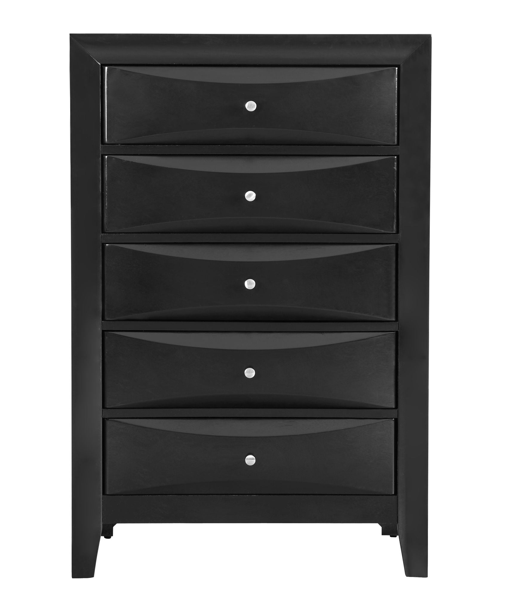 The Marilla - Chest is a tall black wooden dresser with five drawers, each adorned with a simple round silver knob, shown against a plain white background.