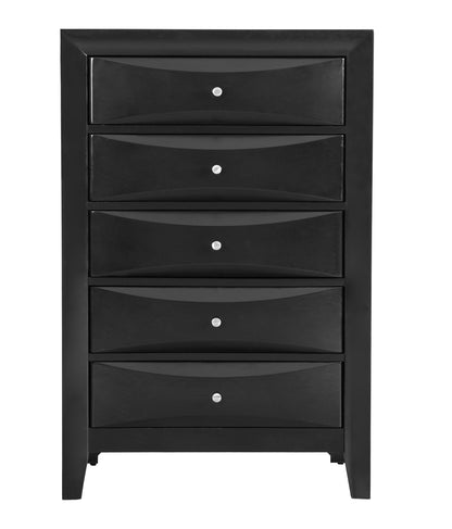 The Marilla - Chest is a tall black wooden dresser with five drawers, each adorned with a simple round silver knob, shown against a plain white background.