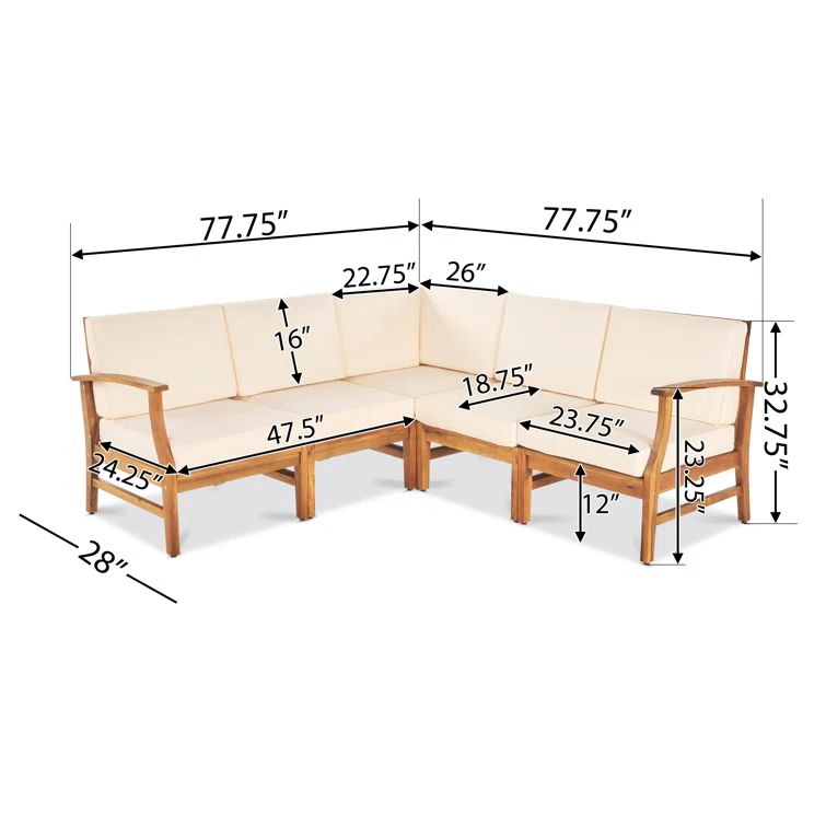 The Perla - 5 Pieces Sofa Set, a wooden L-shaped sectional with cream cushions, is displayed with labeled dimensions detailing lengths, widths, and heights for all sections and seat areas.