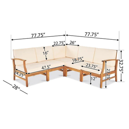 The Perla - 5 Pieces Sofa Set, a wooden L-shaped sectional with cream cushions, is displayed with labeled dimensions detailing lengths, widths, and heights for all sections and seat areas.