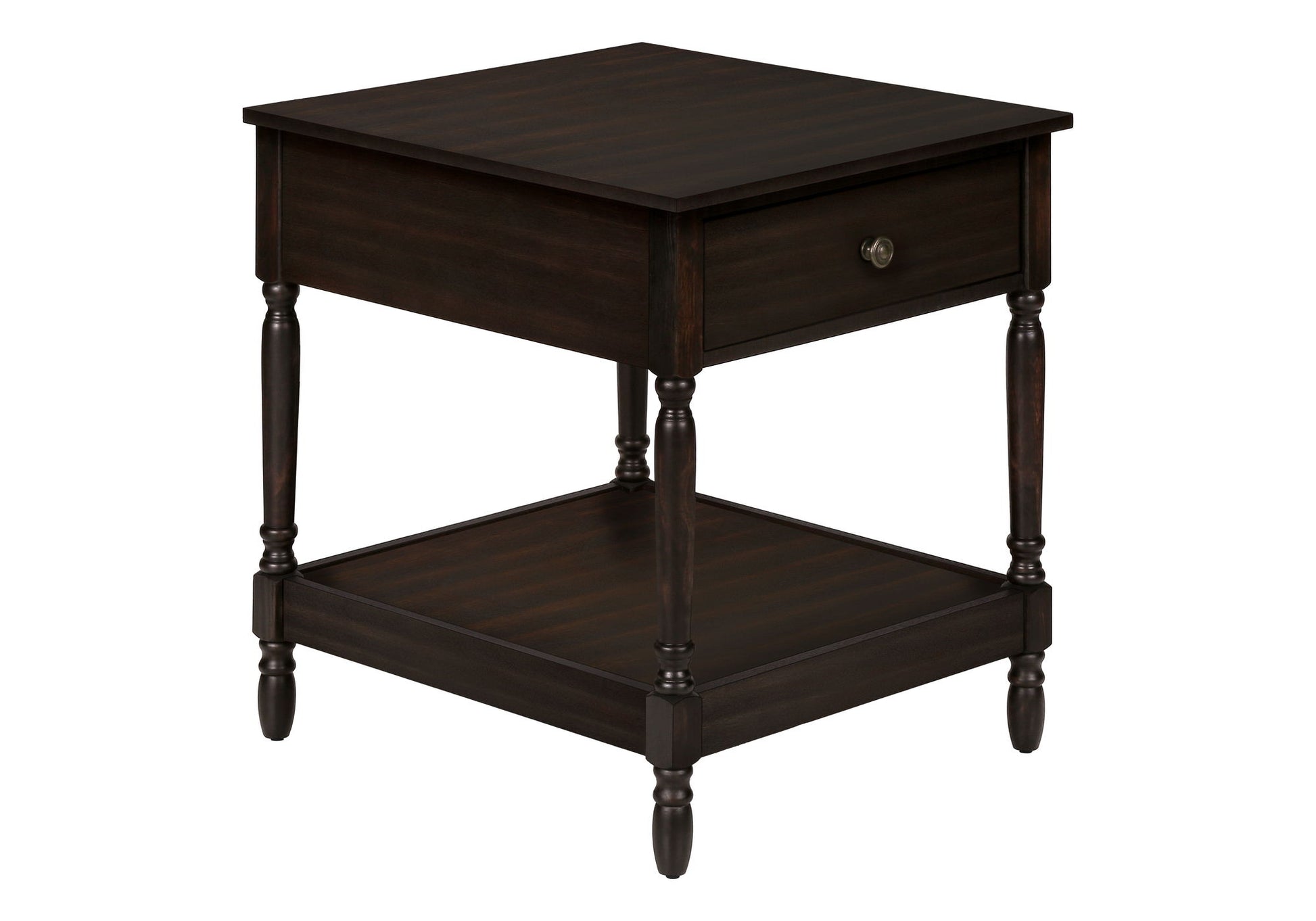 The Accent traditional walnut end table features a square design with four turned legs, a single drawer with a round knob, and a two-tier structure for extra storage.