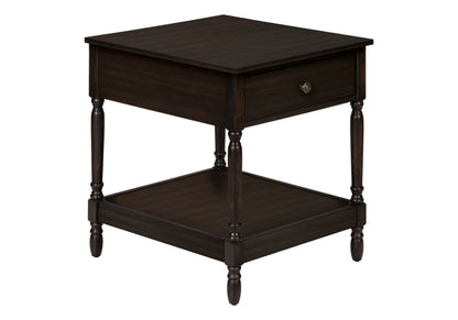 The Accent traditional walnut end table features a square design with four turned legs, a single drawer with a round knob, and a two-tier structure for extra storage.