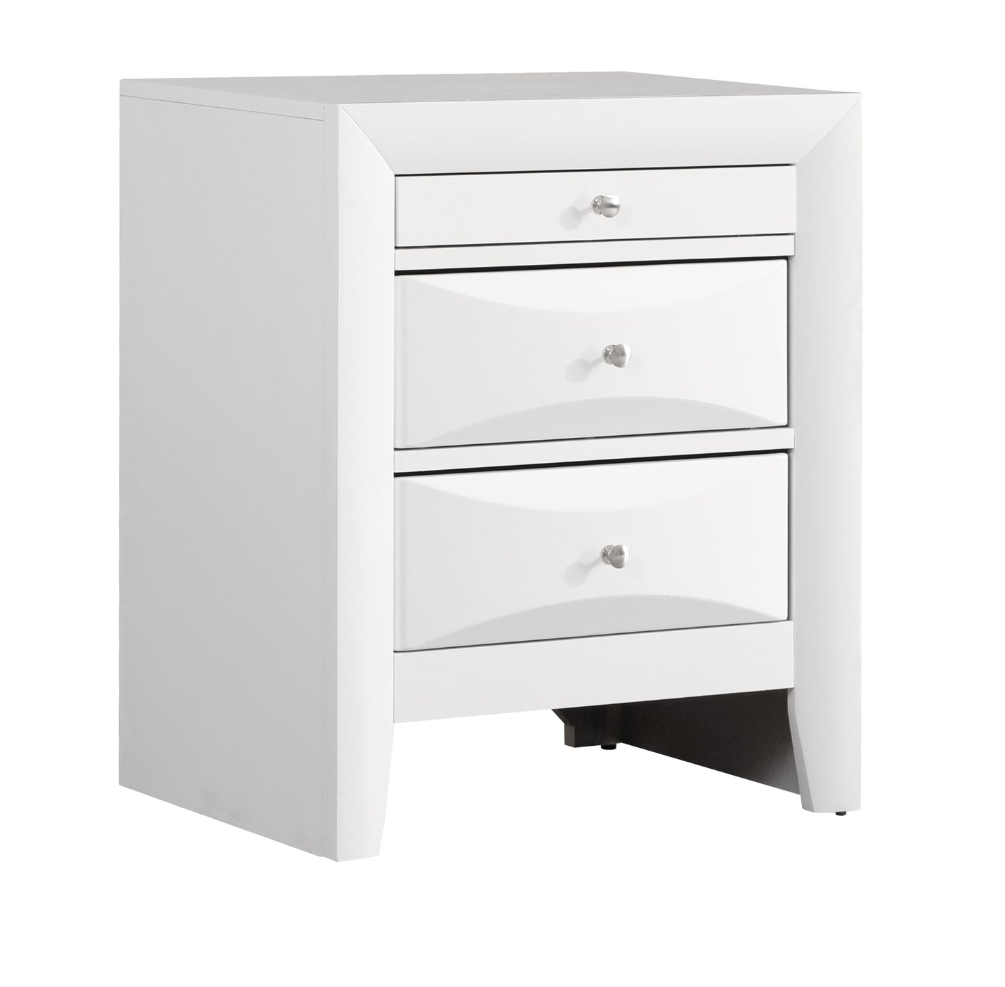 The Marilla Nightstand features a modern design with three white drawers, silver knob handles, and gently curved drawer fronts.