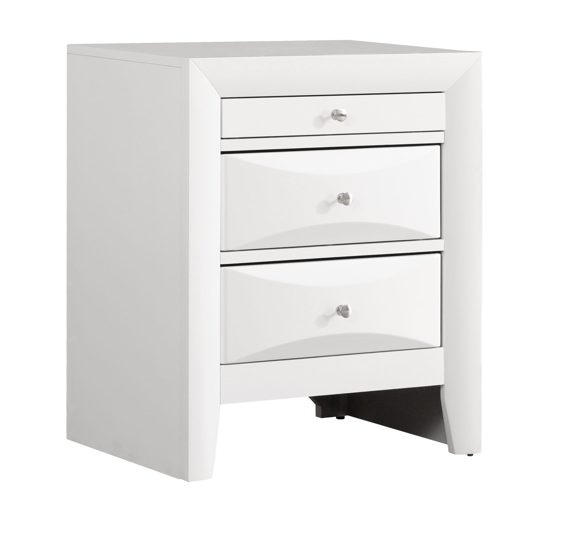 The Marilla Nightstand features a modern design with three white drawers, silver knob handles, and gently curved drawer fronts.