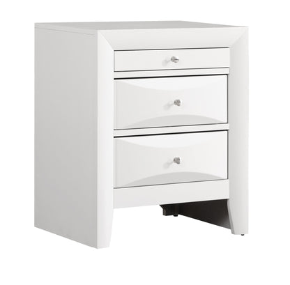 The Marilla Nightstand features a modern design with three white drawers, silver knob handles, and gently curved drawer fronts.