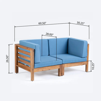 The Oana 2 Piece Loveseat Set features a wooden frame and blue water-resistant cushions, shown against a plain background. Dimensions—60.5" W, 30.25" D, 26.5" H, 28" seat depth, and 10.25" seat height—are labeled by arrows.