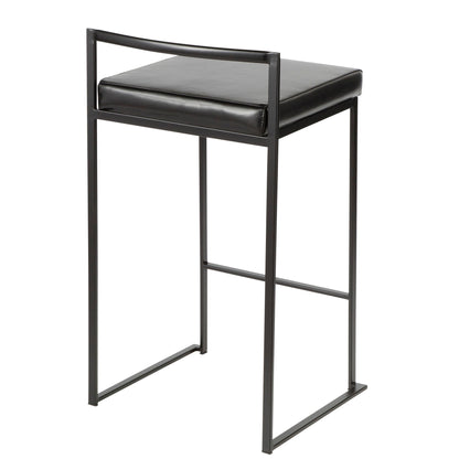 The Fuji Contemporary Style Stackable Counter Stool features a minimalist black metal frame, a rectangular padded seat, and an open low seatback with clean lines for a modern look.