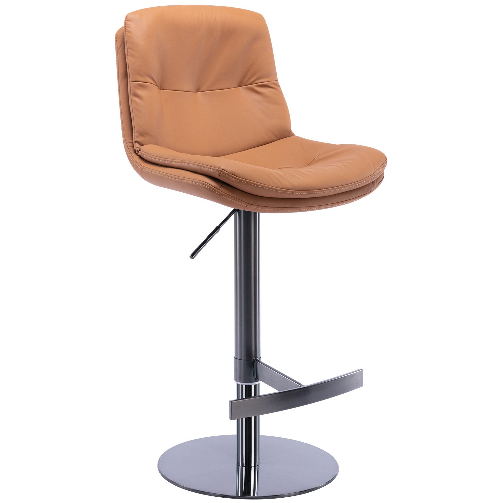 Swivel bar stool with a black titanium stainless steel base and footrest, faux leather seat, backrest, and adjustable height.