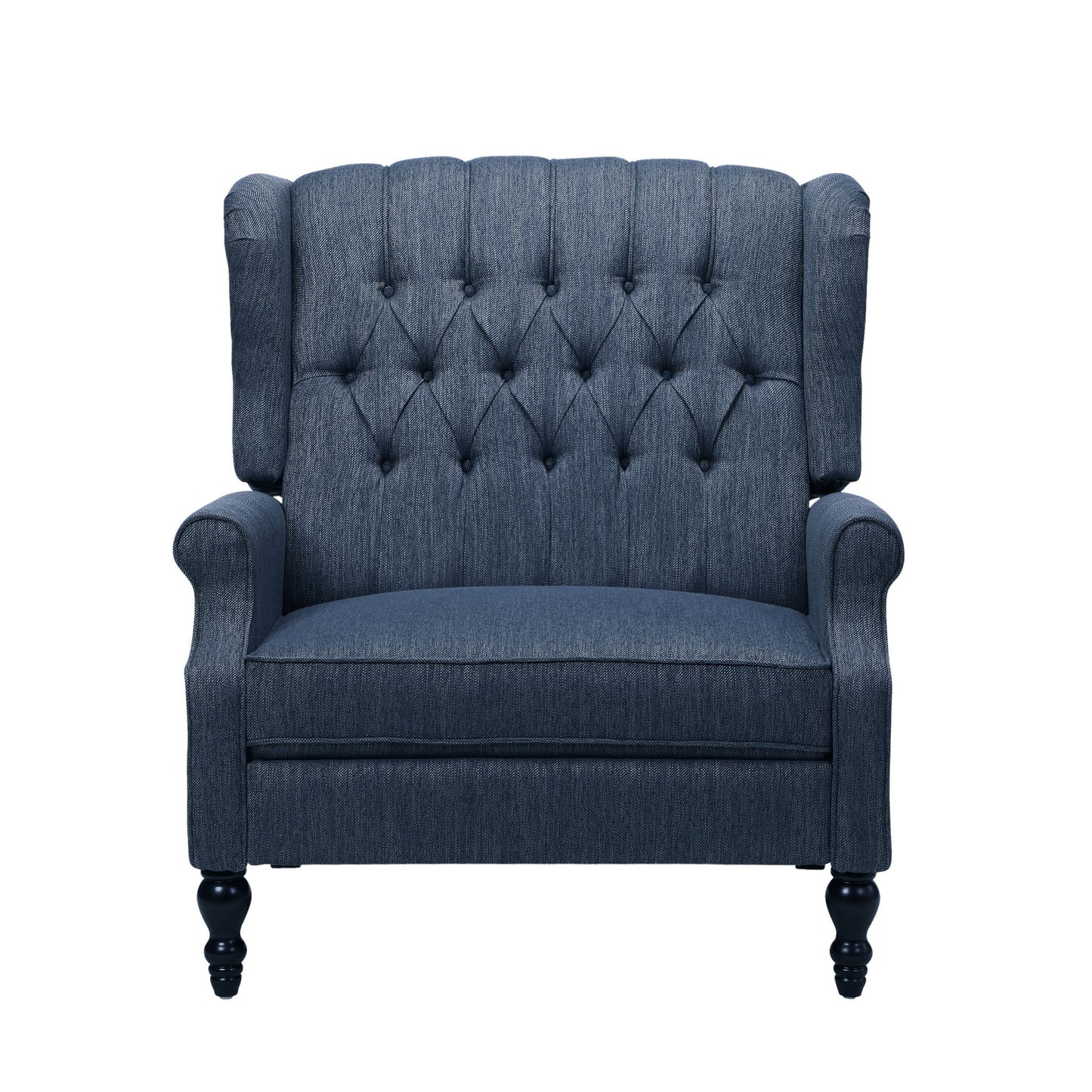 Front view of the Dunham Contemporary Fabric Tufted Oversized Pushback Recliner in dark blue with winged sides, rolled arms, and wooden legs, isolated on a white background.