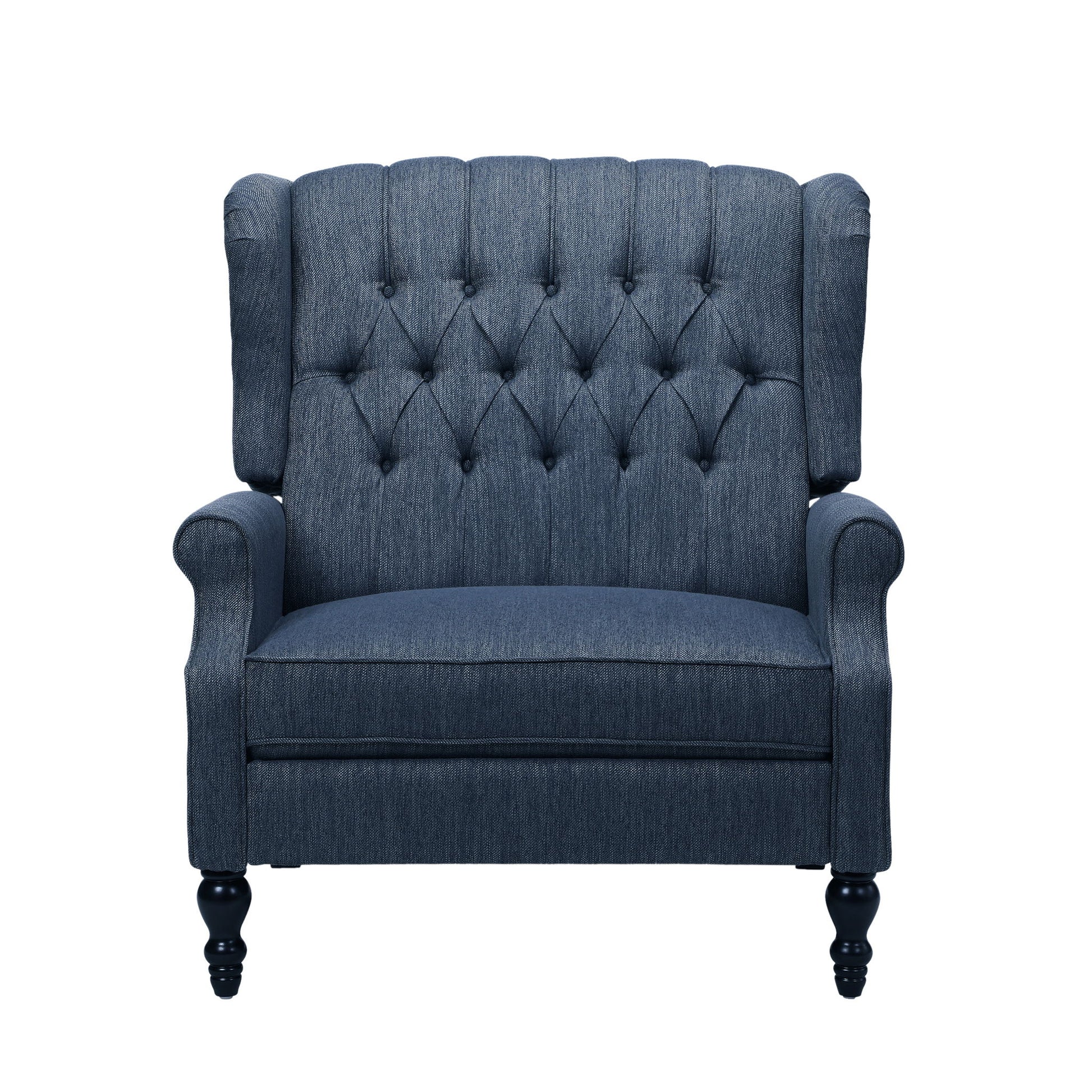 Front view of the Dunham Contemporary Fabric Tufted Oversized Pushback Recliner in dark blue with winged sides, rolled arms, and wooden legs, isolated on a white background.