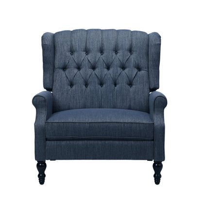Front view of the Dunham Contemporary Fabric Tufted Oversized Pushback Recliner in dark blue with winged sides, rolled arms, and wooden legs, isolated on a white background.