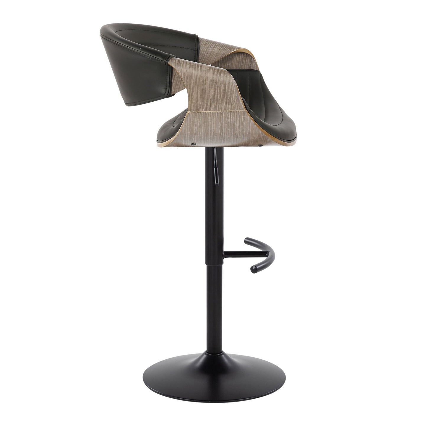 The Symphony Mid Century Modern Adjustable Barstool features a curved black leather seat, light wood backrest, rounded T footrest, and sleek black metal swivel pedestal base. Shown from the side. Sold as a set of 2.