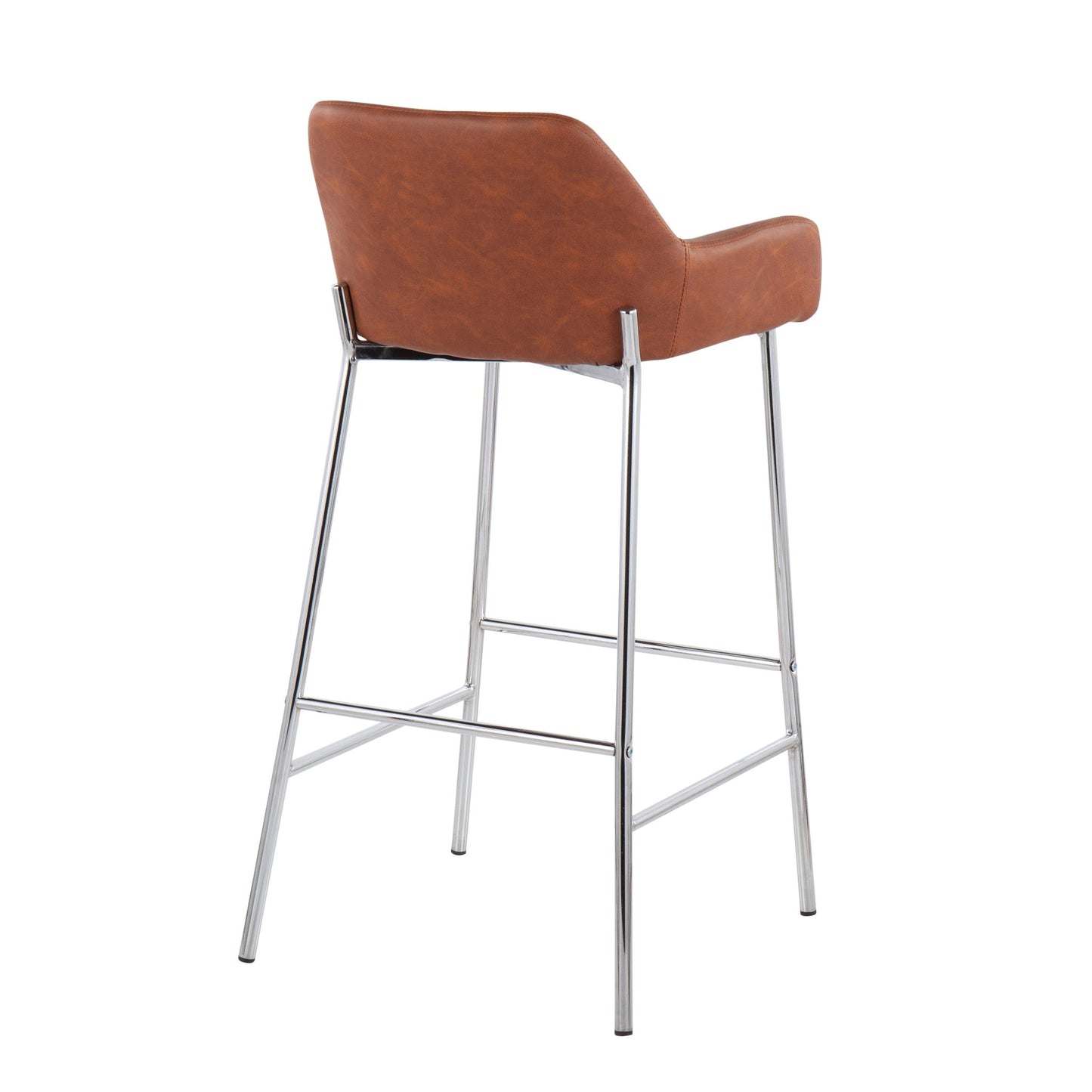 The Daniella - Contemporary Fixed Height Bar Stool (Set of 2) features brown leather upholstery, a curved backrest and seat, and four slim chrome legs connected by metal bars for stability, creating a modern minimalist look.