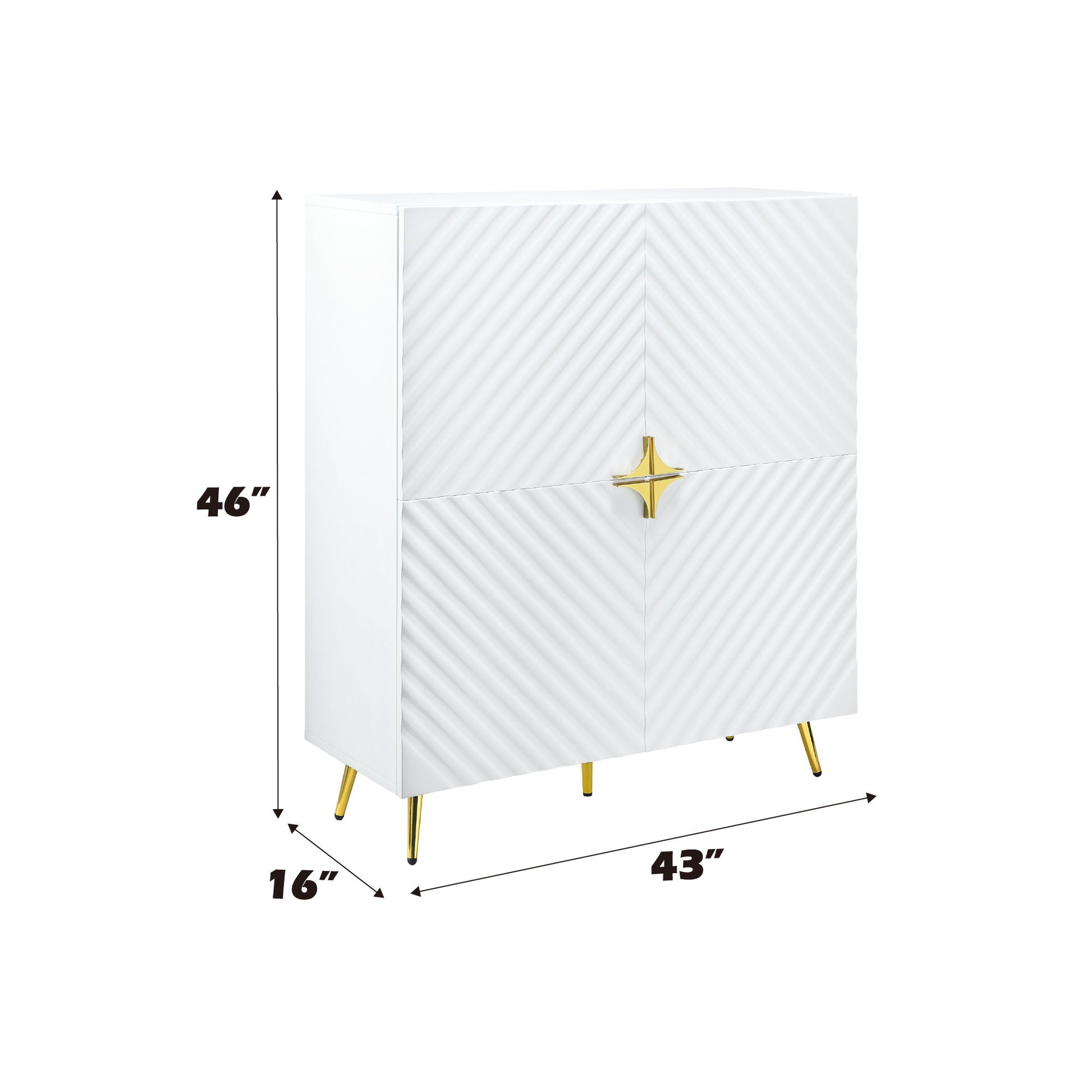 The Gaines High Gloss Accent Cabinet features gold legs, a central gold accent, and textured diagonal striped doors. It measures 46" high, 43" wide, and 16" deep, all clearly indicated with black arrows and text.