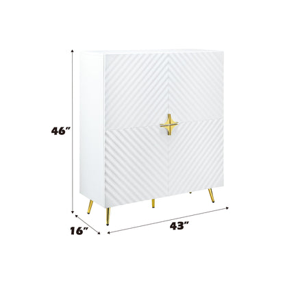 The Gaines High Gloss Accent Cabinet features gold legs, a central gold accent, and textured diagonal striped doors. It measures 46" high, 43" wide, and 16" deep, all clearly indicated with black arrows and text.