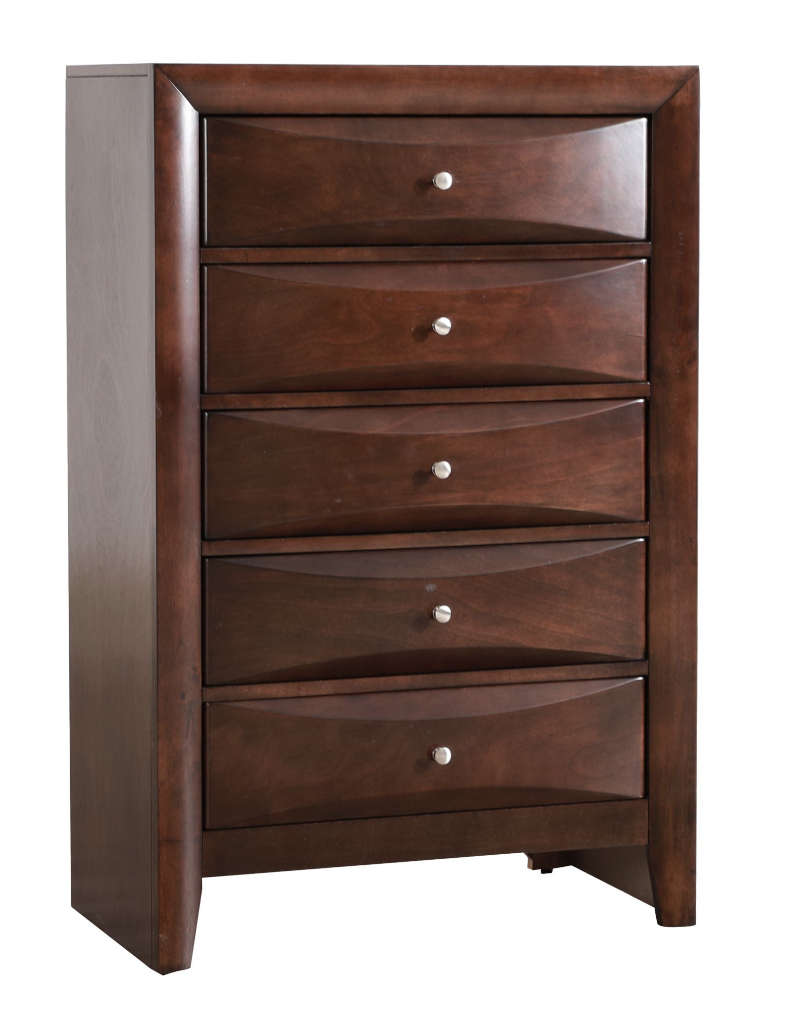 The Marilla - Chest is a tall, dark brown wooden dresser with five drawers, each fitted with a small round silver knob. Its simple, modern design features a smooth finish.