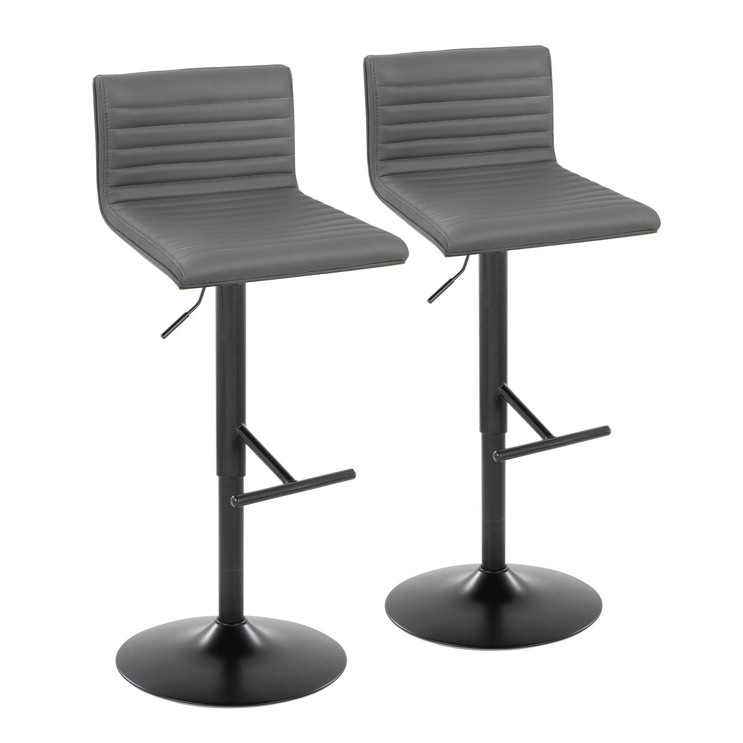 A pair of Mason Contemporary Adjustable Barstools with swivel seats, straight T footrests, and round black bases are shown side by side against a white background.