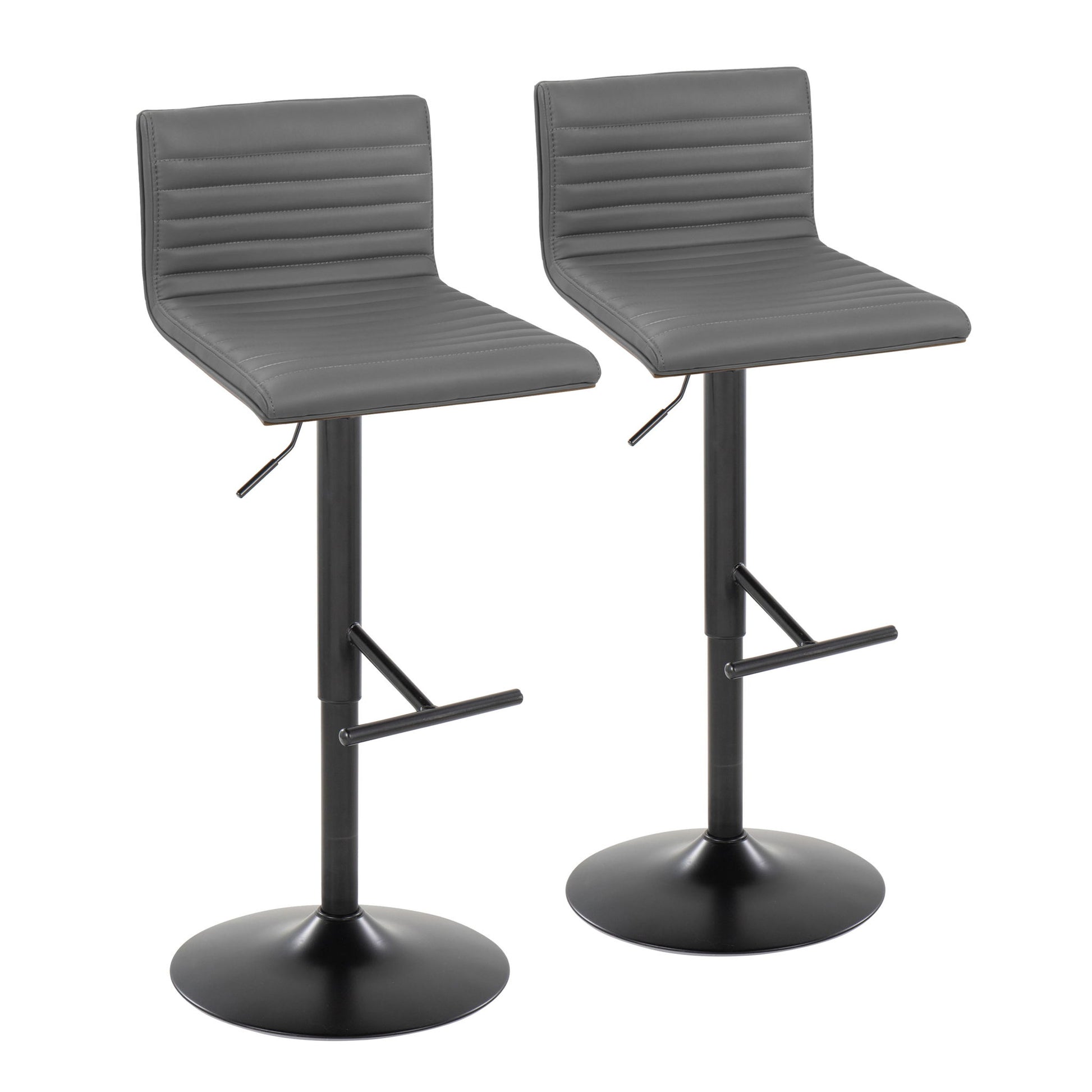 A pair of Mason Contemporary Adjustable Barstools with swivel seats, straight T footrests, and round black bases are shown side by side against a white background.
