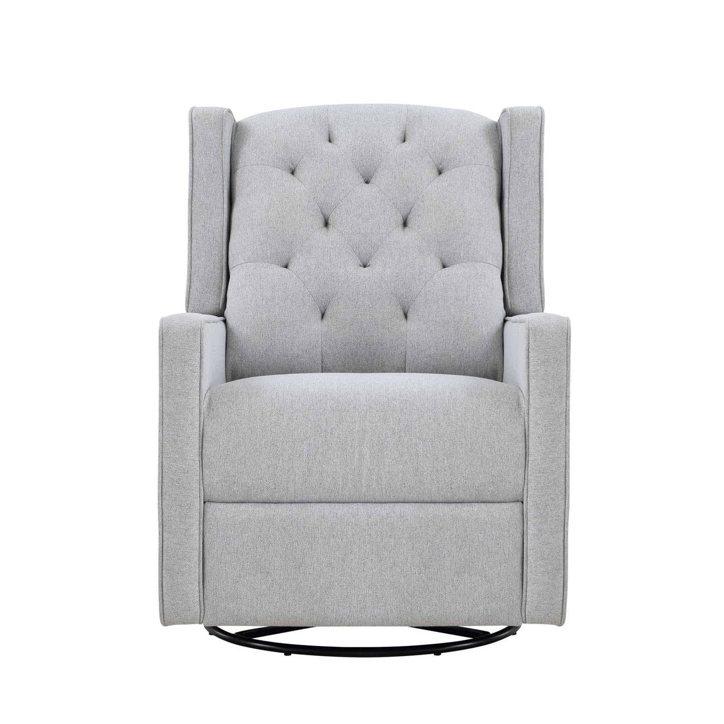 The Milah Gliding Swivel Recliner Tufted is a modern light gray upholstered armchair with a tufted backrest, wingback sides, and swivel base, shown from the front against a white background.