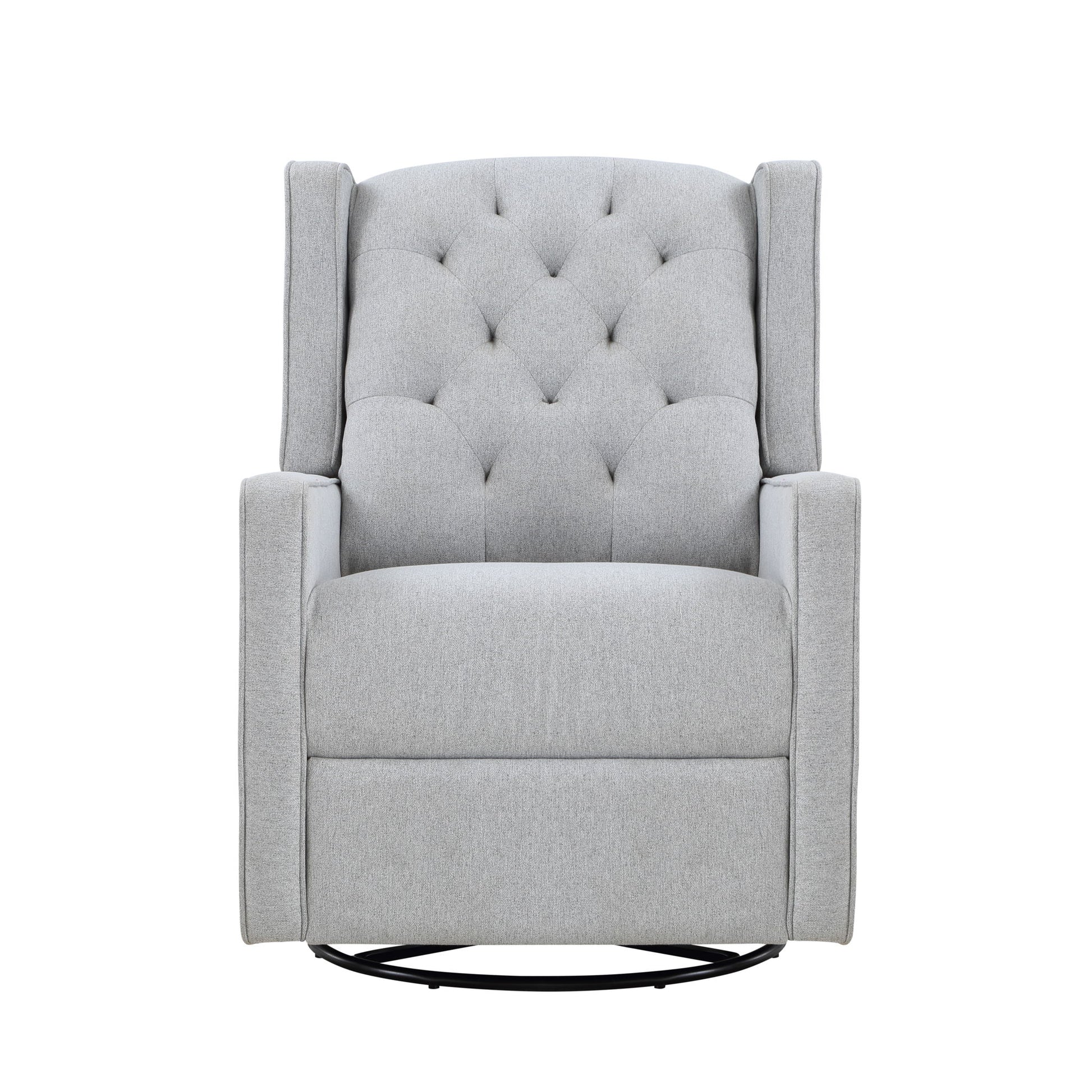 The Milah Gliding Swivel Recliner Tufted is a modern light gray upholstered armchair with a tufted backrest, wingback sides, and swivel base, shown from the front against a white background.