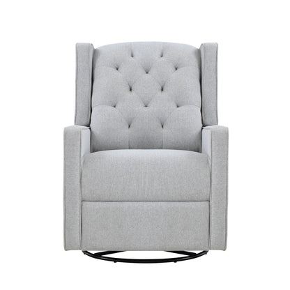 The Milah Gliding Swivel Recliner Tufted is a modern light gray upholstered armchair with a tufted backrest, wingback sides, and swivel base, shown from the front against a white background.
