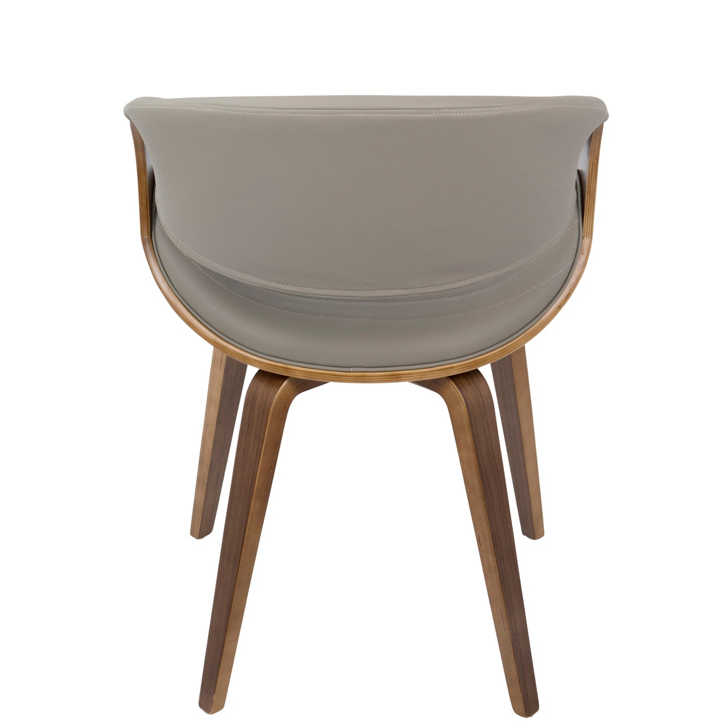 The Symphony Mid Century Modern Dining Chair features a curved, light brown backrest and wood-finished legs, shown from the back against a white background.